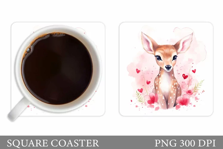 Cute Deer Square Coaster. Valentines Deer Coaster Design