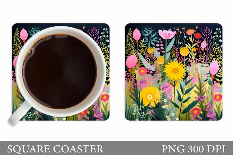 Wildflowers Coaster Design. Square Coaster Flowers