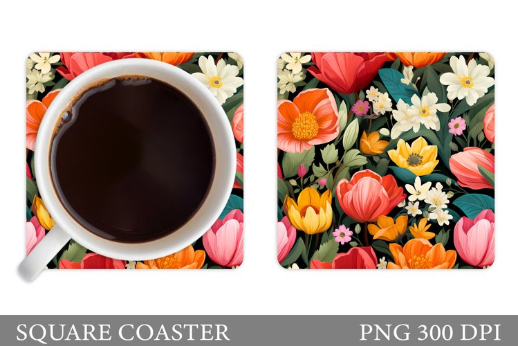 Flowers Square Coaster Sublimation. Flowers Coaster Design example image 1