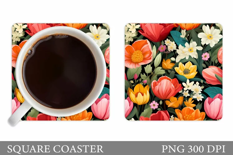 Flowers Square Coaster Sublimation. Flowers Coaster Design