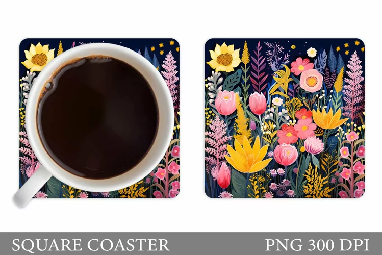 Flowers Coaster Sublimation. Square Coaster Flowers Design