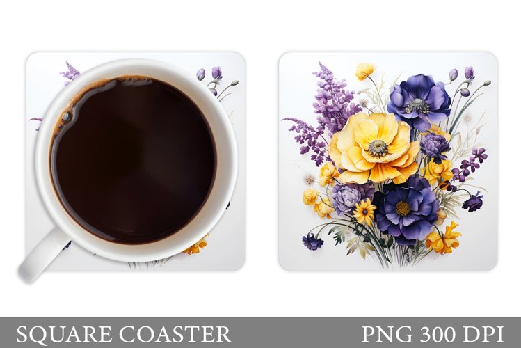 Flowers Square Coaster Sublimation. Flowers Coaster Design example image 1