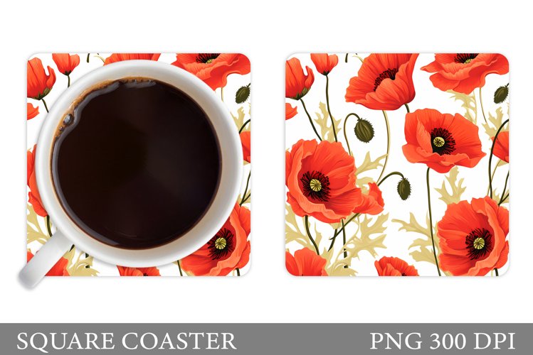 Flowers Poppies Coaster Sublimation. Flowers Coaster Design example image 1