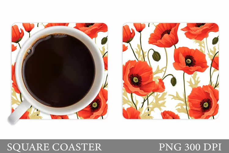 Flowers Poppies Coaster Sublimation. Flowers Coaster Design