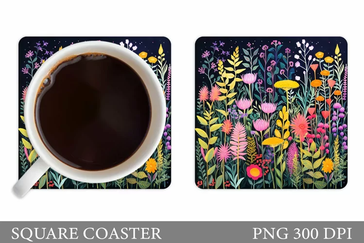 Flowers Coaster Design. Square Coaster Flowers
