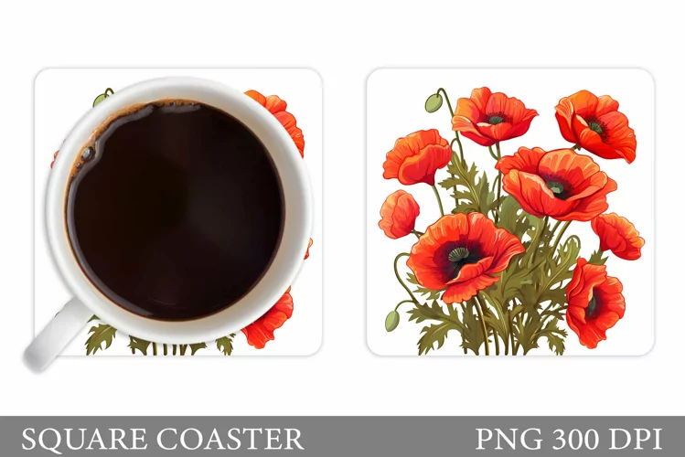 Poppies Flowers Coaster Sublimation. Flowers Coaster Design