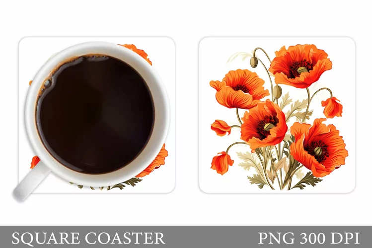 Poppies Coaster Design. Flowers Square Coaster