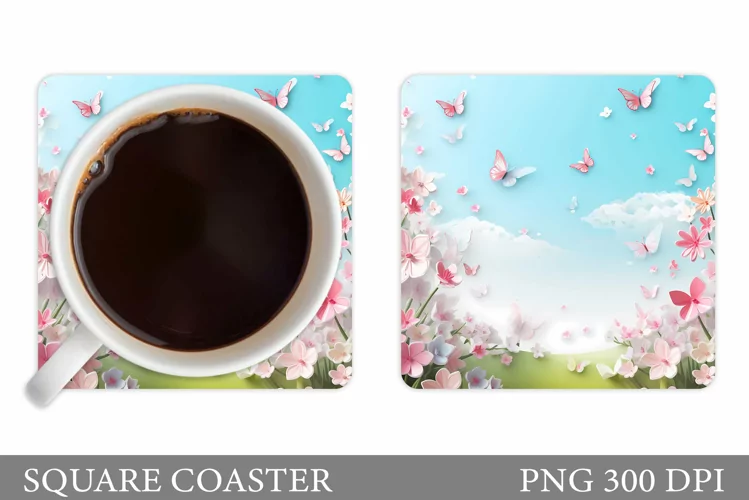 Butterflies Coaster Sublimation. Spring Flowers Coaster