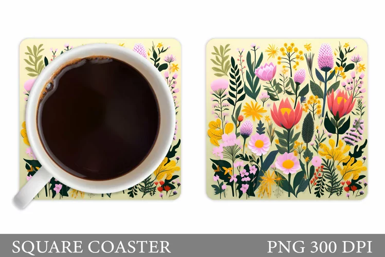 Flowers Coaster Sublimation. Square Coaster Flowers Design