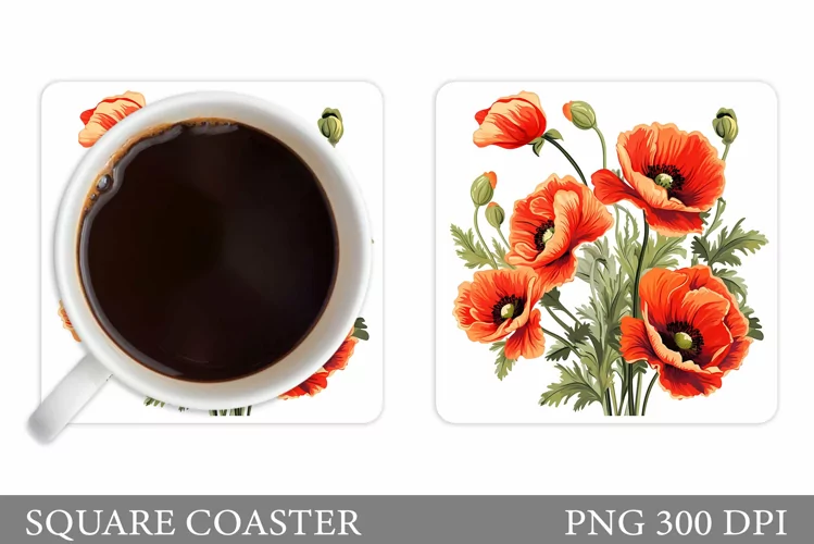Flowers Poppies Coaster Sublimation. Flowers Coaster Design