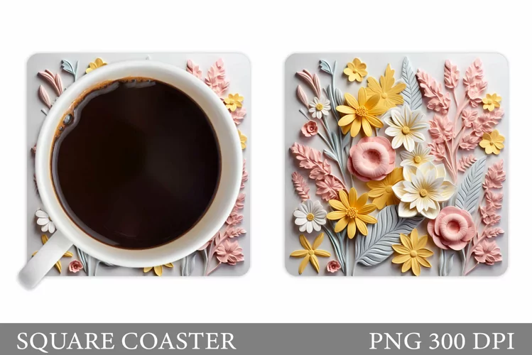 Flowers Square Coaster. 3D Flowers Coaster Sublimation