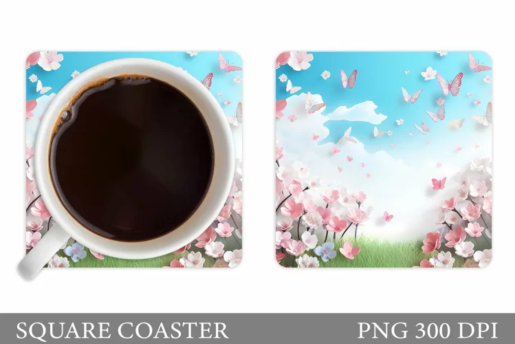 Butterflies Coaster Design. Spring Flowers Coaster Template