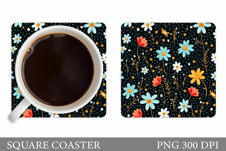 Flowers Coaster Sublimation. Square Coaster Flowers Design