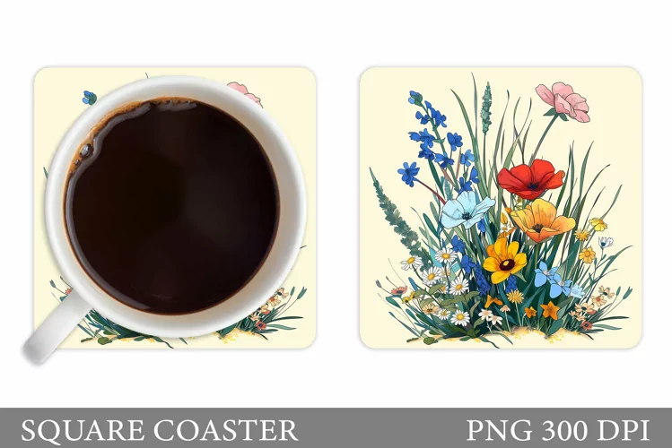Wildflowers Coaster Design. Flowers Square Coaster