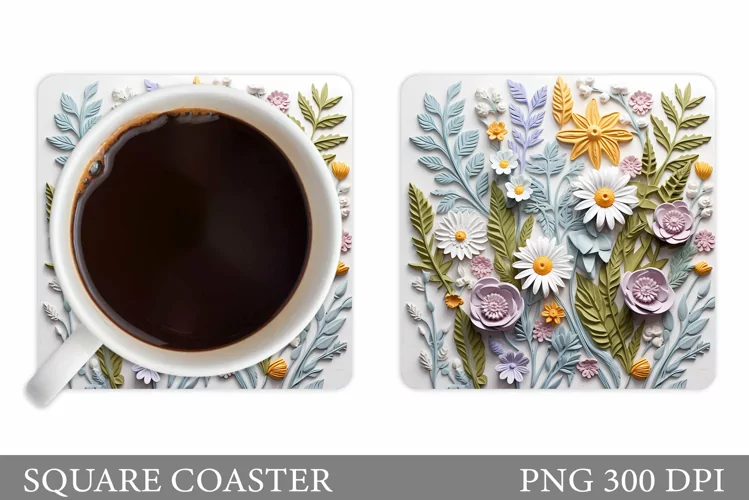 Flowers Square Coaster. 3D Flowers Coaster Sublimation