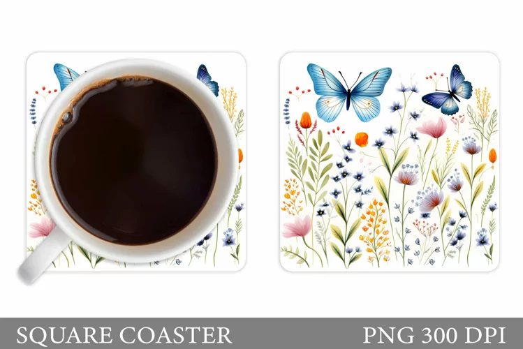 Floral Coaster Sublimation. Butterflies Coaster Design