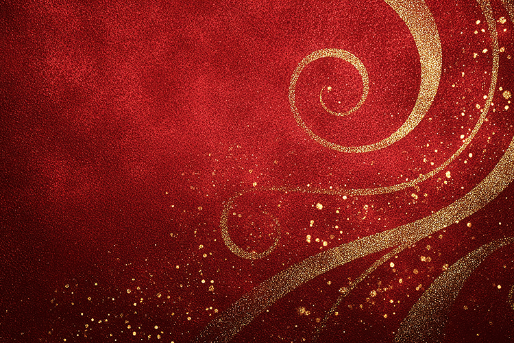 A luxurious red background with gold swirls and glittering