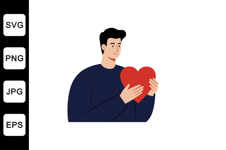Man holding a red heart in flat style vector art