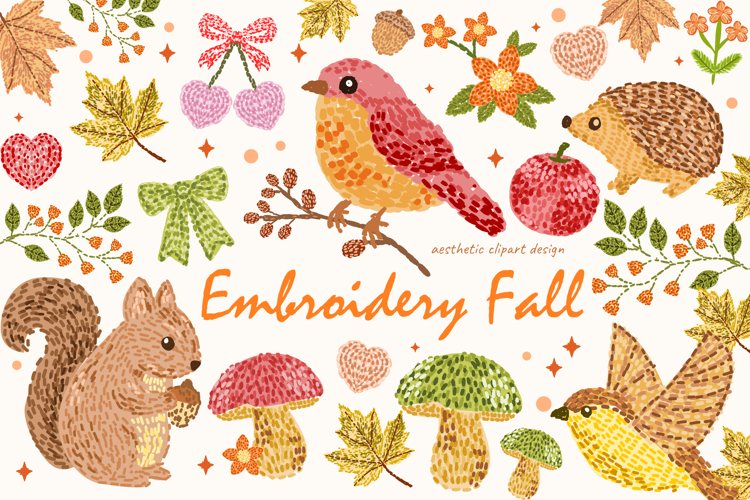 Autumn Embroidery, Fall Embroidery, Embroidery Clipart PNG