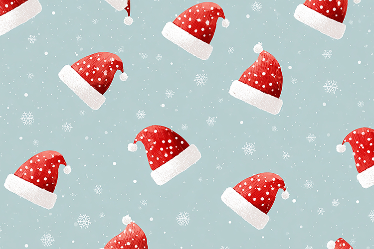 A festive holiday pattern featuring red Santa hats