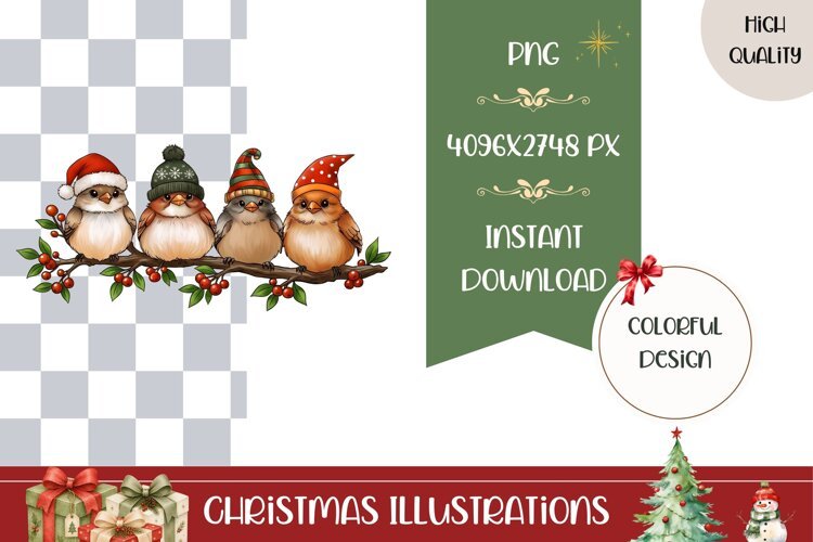 Cartoon Christmas Bird Illustration, Cute Winter Birds PNG example image 1
