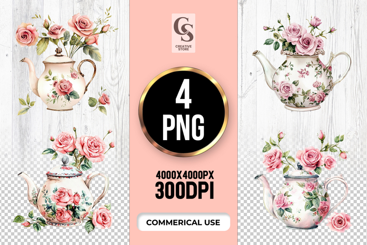 Vintage Floral Teapot Clipart Sublimation PNG