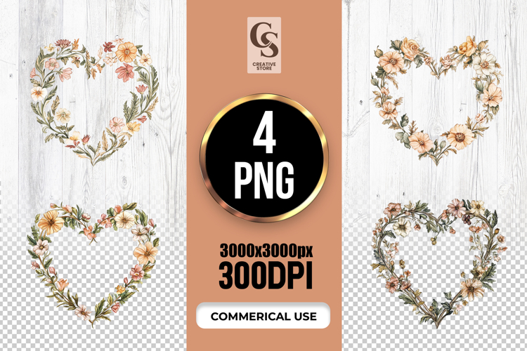 Floral Heart Frame Wreath Clipart Sublimation PNG