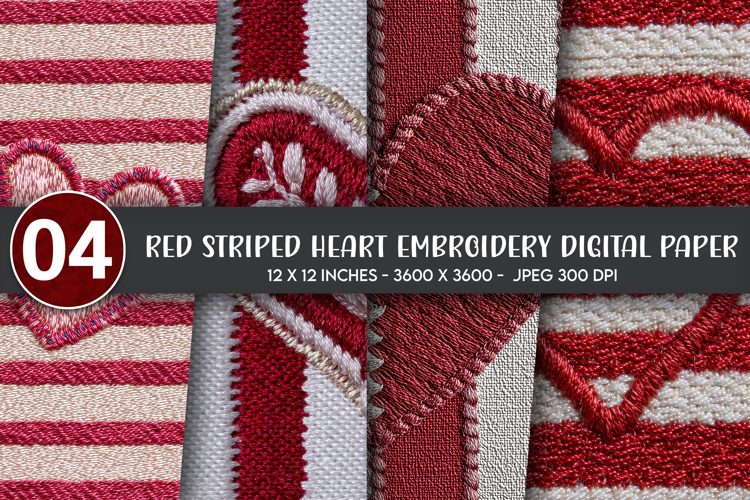 Red Heart Stripe Embroidery Digital Paper
