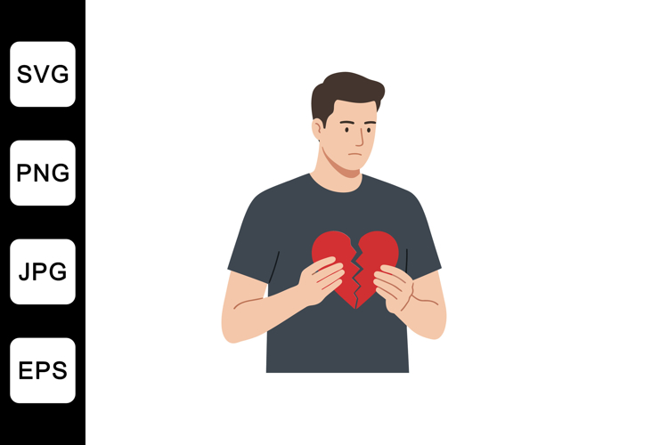 Man holding broken heart symbol in flat, minimal design vect
