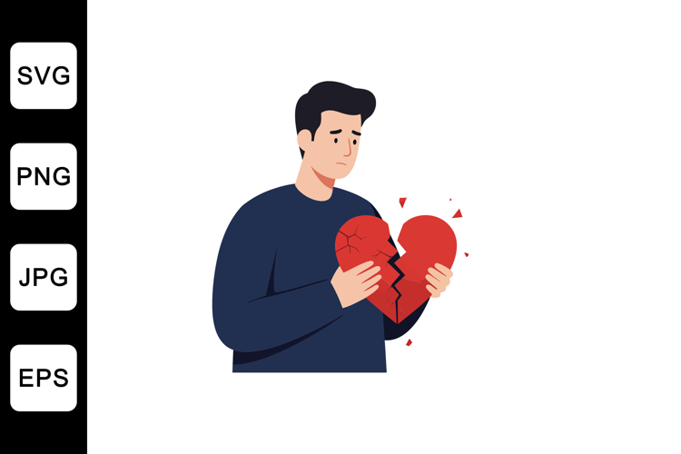 Sad man holding a broken heart in flat vector illustration s
