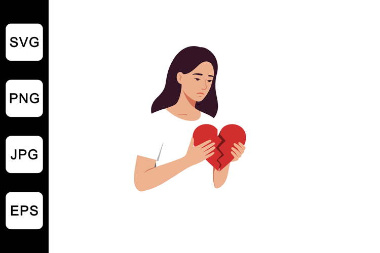 Woman holding a broken heart in a minimal flat vector illust