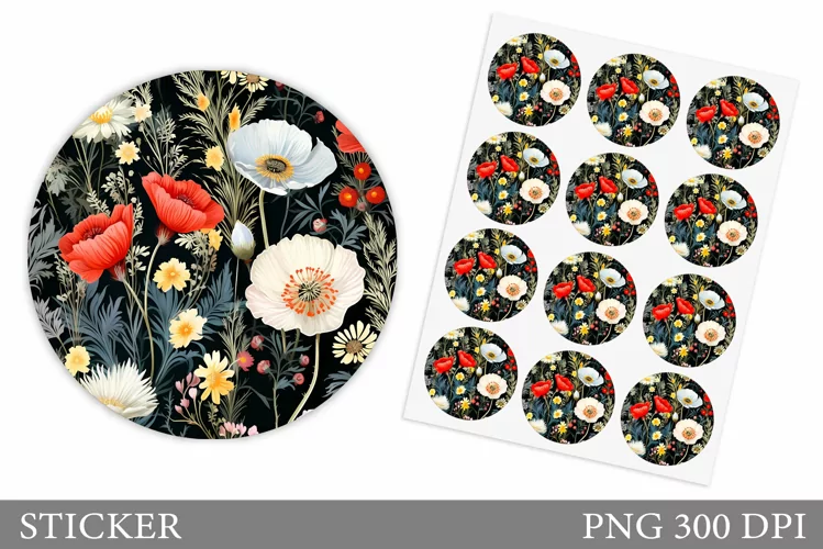 Flowers Sticker Design. Colorful Flowers Round Sticker