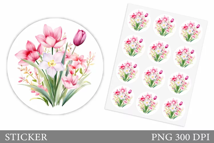 Flowers Spring Sticker. Flowers Round Sticker Design