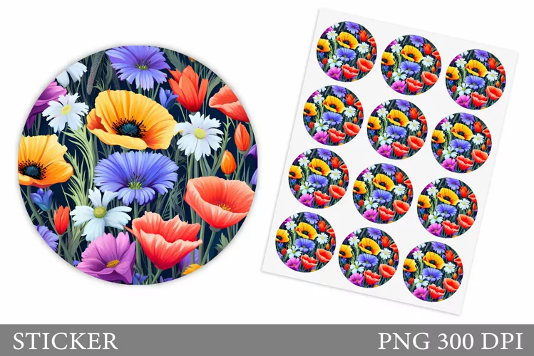 Flowers Sticker Design. Flowers Round Sticker Template