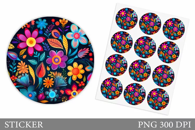 Flowers Sticker Design. Colorful Flowers Round Sticker