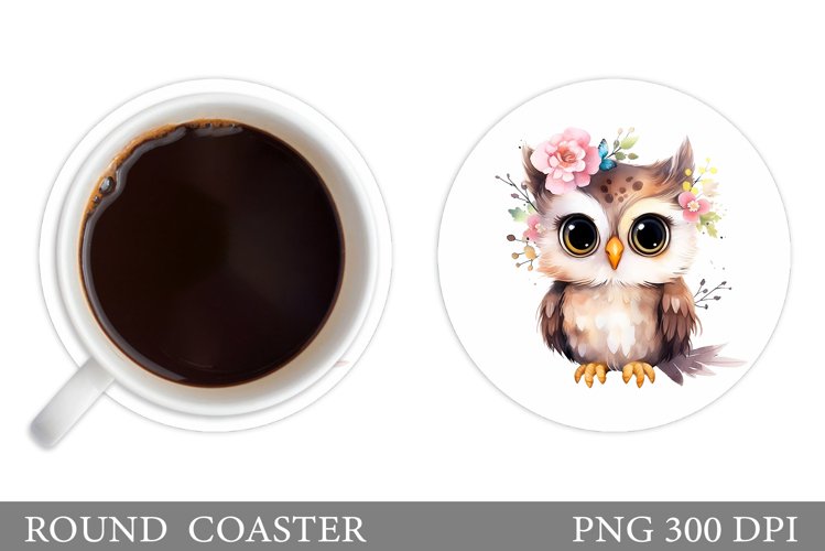Cute Owl Coaster Design. Owl Flowers Coaster Sublimation example image 1