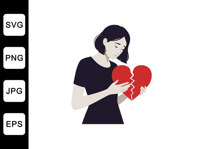 Woman holding broken heart in emotional scene with flat desi