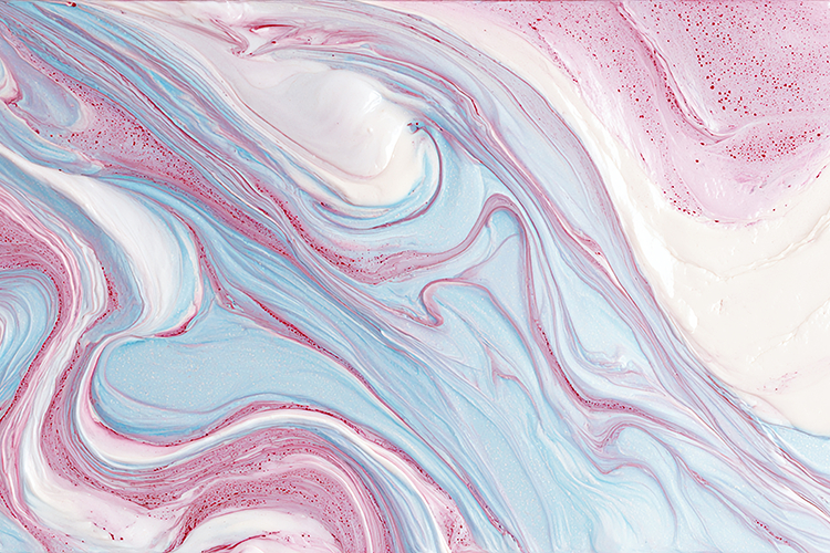 A abstract with swirling pink, blue, & white marble