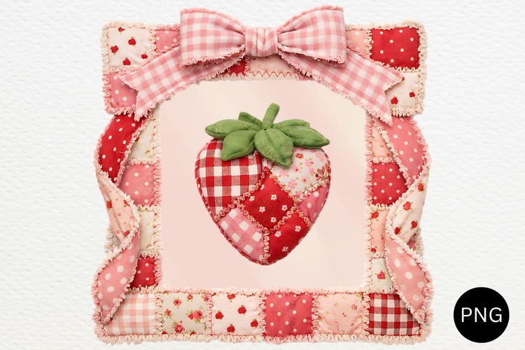 Patchwork Strawberry In Coquette Frame PNG