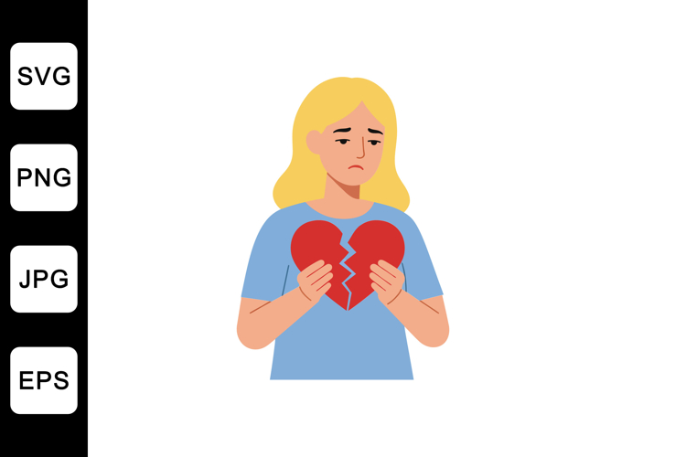 Sad woman holding broken heart in minimal flat design vector