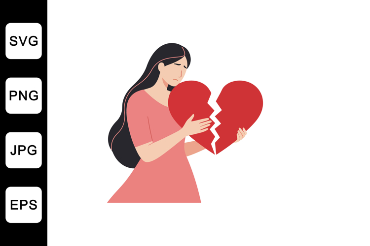 Woman holding a broken heart in a flat minimal vector illust