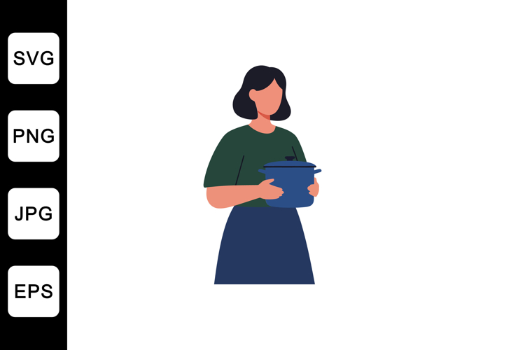Woman holding a cooking pot in a minimal flat vector illustr