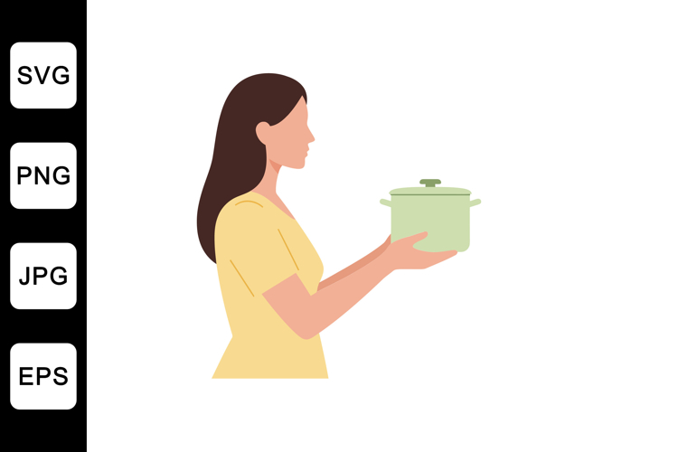 Woman holding a green cooking pot in minimal flat vector art