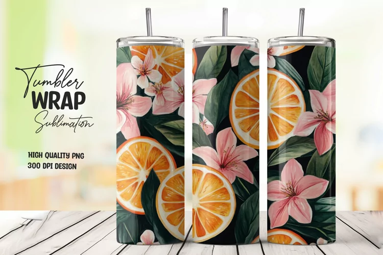 Orange with Leaves and Flowers Tumbler Wrap Sublimation