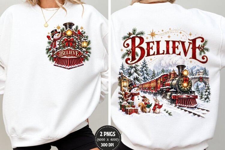 Christmas Train Front Back PNG, Believe Christmas Front Back example image 1