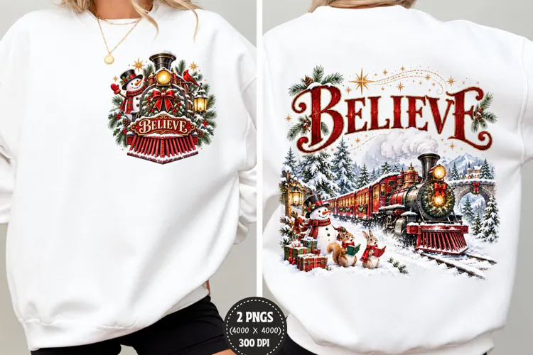 Christmas Train Front Back PNG, Believe Christmas Front Back