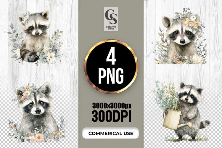 Cute Floral Raccoon Watercolor Clipart Sublimation PNG