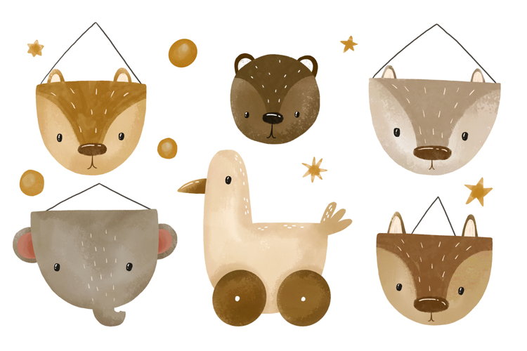 Hand Drawn Baby Toys with Animals. Hand Drawn Watercolor