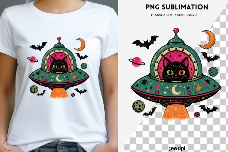 UFO black cat png design for T-shirt