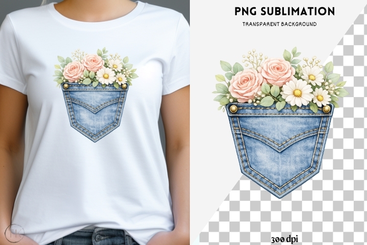 Denim pocket flowers png design for T-shirts